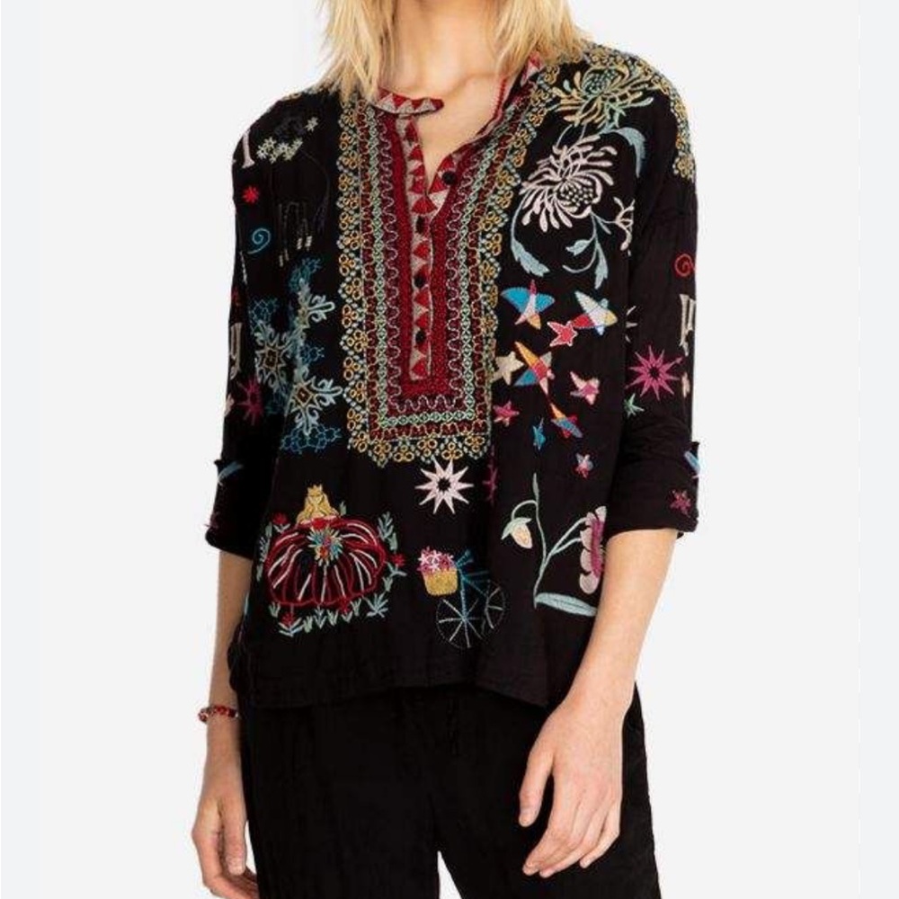 Johnny Was Biya Mishti Embroidered Folk Cotton Boho Tunic Blouse Size XS